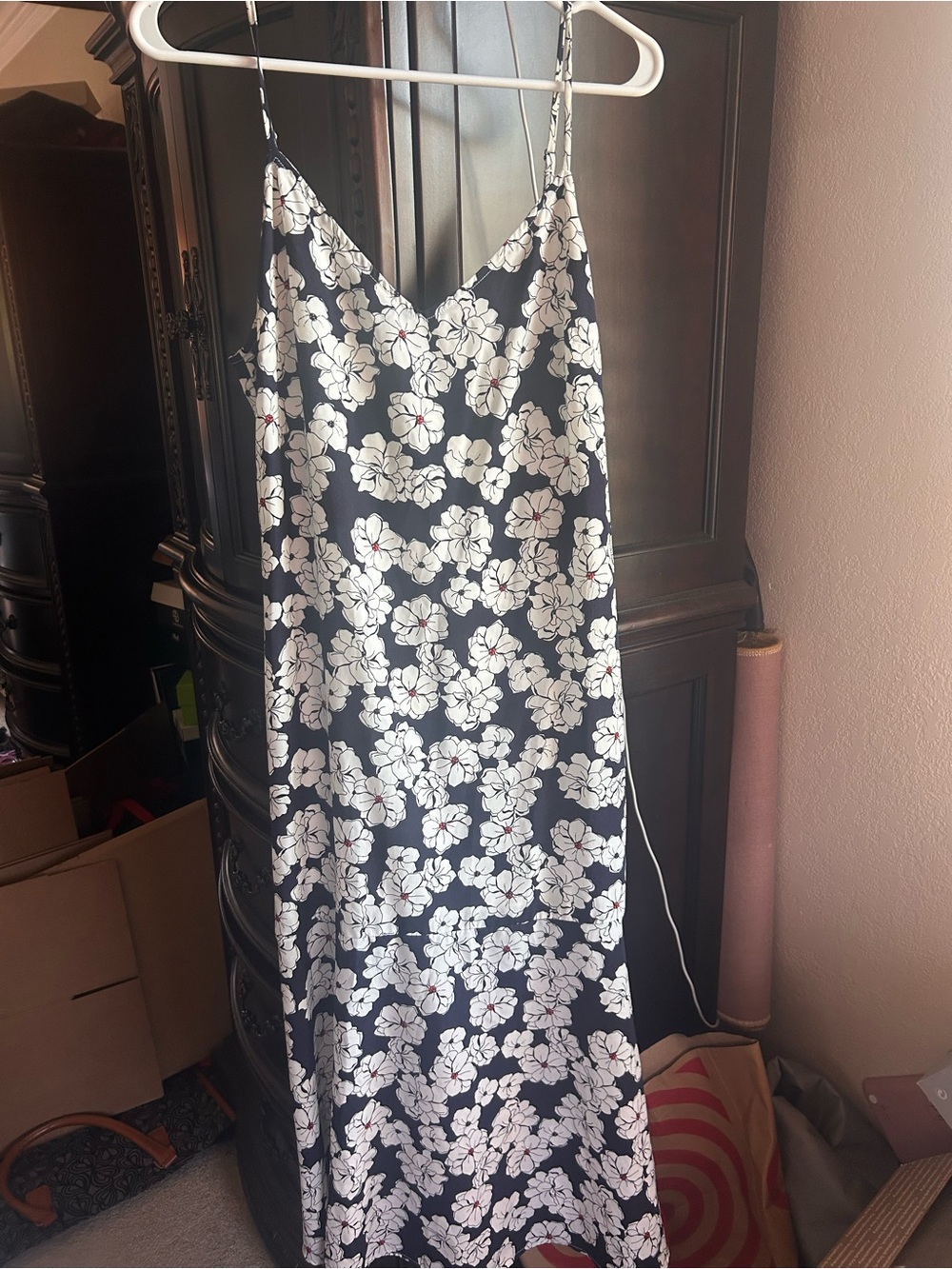Black Floral Slip Dress with White Flower Print
